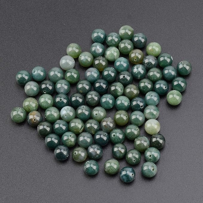LPBeads 80Pcs Polished 10mm Round Natural Moss Agate Gemstone Loose Beads with Stretch Cord for Jewelry Making Bracelets