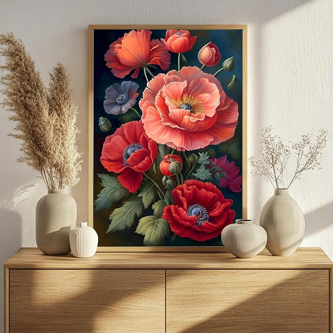 Flowers Paint by Numbers for Adult, Poppy Paint by Numbers Kit for Adults Beginners, DIY Flowers Acrylic Painting on Canvas for Home Wall Art Decor 16x20 Inch