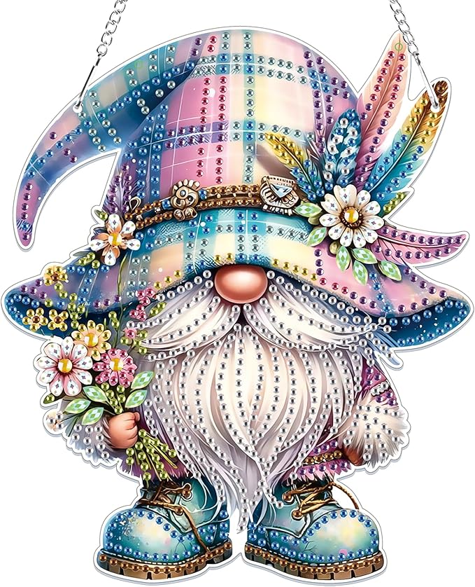 Bowetile Gnome Diamond Art Hanging Kits for Adults, 5D Special Shape Diamond Painting Pendant Kits, Animal Gem Art Suncatchers Painting Ornament for Home Garden Wall Decor