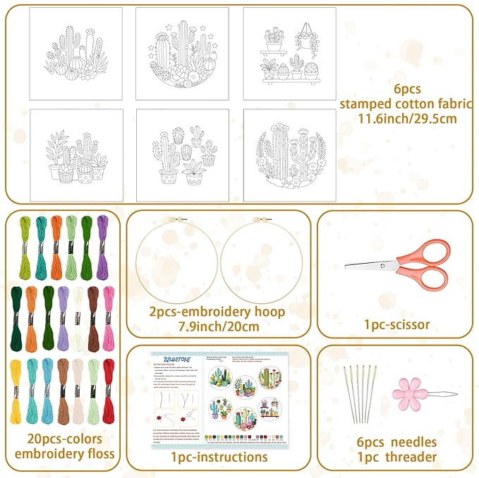 BEUNITONE Cactus Embroidery Kit for Beginners, 6PC Succulent Plant Themed Needlepoint Kits for Adults with Hoops, Threads, Needles, Instructions and Full Kits, DIY Home Decor Craft Gift for Adults