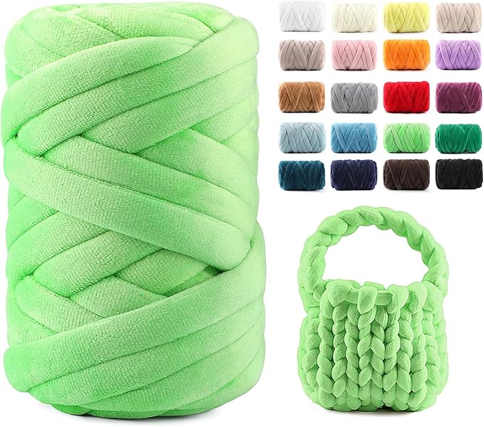 Chunky Yarn for Hand Knitting & Arm Knitting - 0.66lb Super Bulky Velvet Chenille Tube Yarn for DIY Pillows, Pet Beds, Baskets & Home Decor | No Tools Needed, Machine Washable, Apple Green,1 Pack