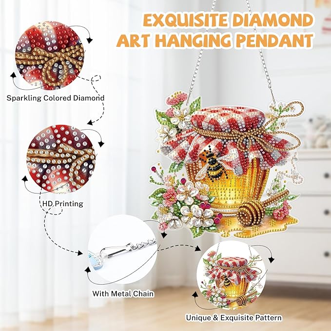 Bowetile Garden Bees Diamond Art Hanging Kits for Adults, Diamond Art Suncatchers Honey Jar, 5D Special Shape Diamond Painting Bee Pendant Window Ornament Gifts for Home Wall Door Garden Decor