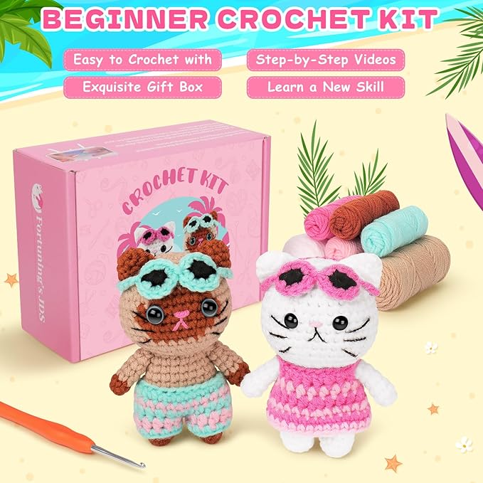 Fortuning's JDS Crochet Kit for Beginners, Couple Cat Crochet Kit for Beginners Adults Kids, Crochet Cat Kit with Step-by-Step Video Tutorials, Creative Handmade Crochet Gifts for Cat Lovers