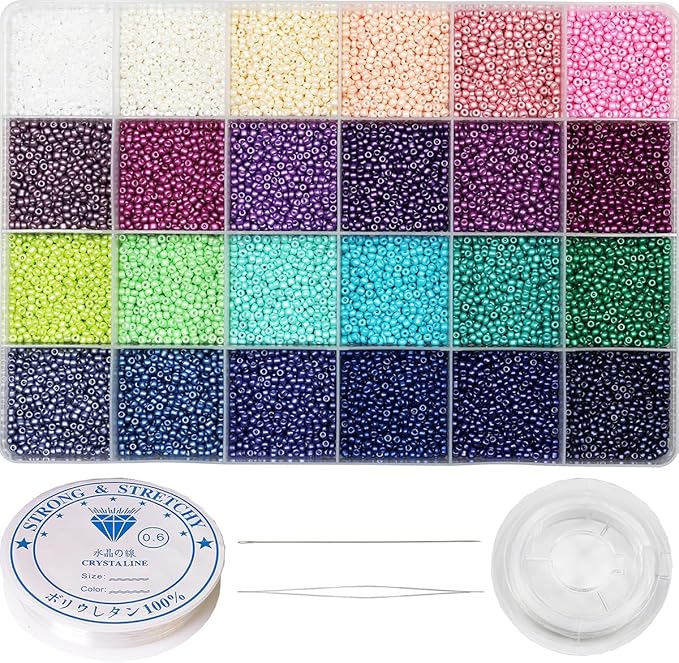 VOOMOLOVE 12/0 Glass Seed Beads Kit - 15800pcs, 24 Colors, 2mm, Bracelet Making Beads with 24-Grid Plastic Storage Box