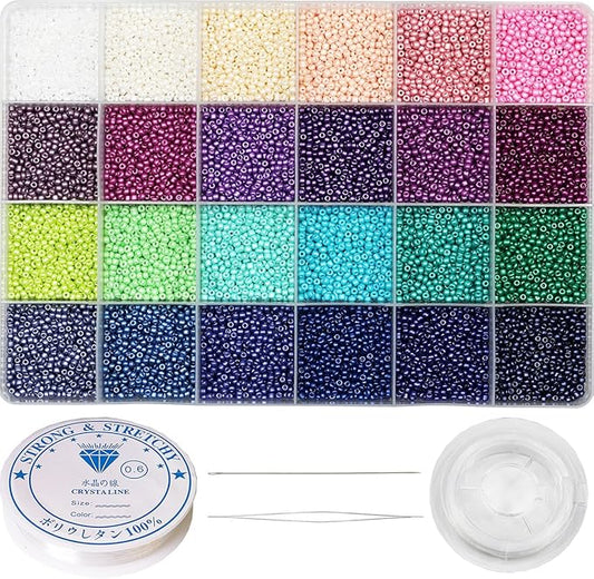 VOOMOLOVE 12/0 Glass Seed Beads Kit - 15800pcs, 24 Colors, 2mm, Bracelet Making Beads with 24-Grid Plastic Storage Box