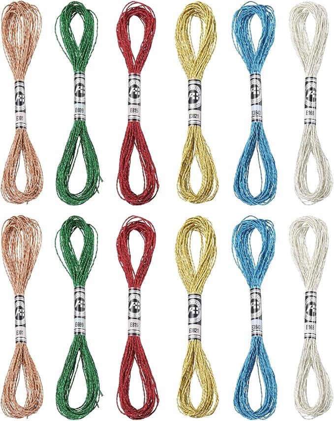 PATIKIL 12 Skeins Embroidery Floss, Metallic Embroidery Thread Nylon Threads Bracelets String for Cross-Stitch Hand Embroidery, Blue/Dark Green/Red/Light Gold/Bronze/Silver