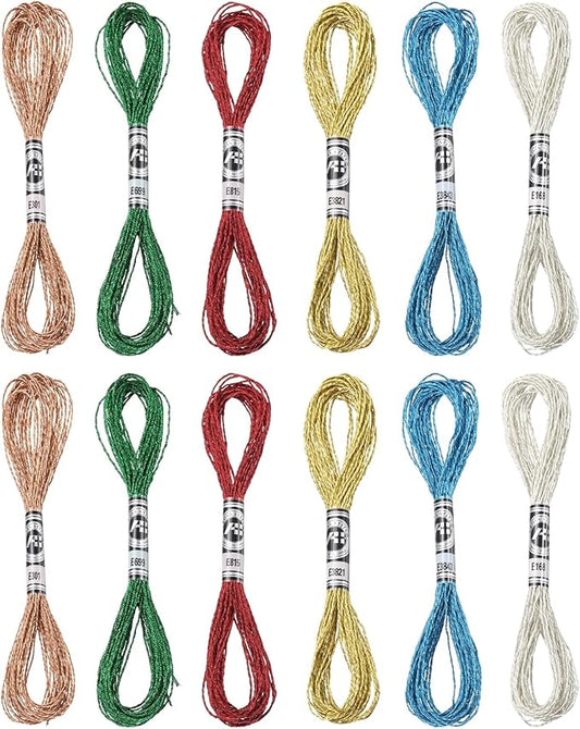 PATIKIL 12 Skeins Embroidery Floss, Metallic Embroidery Thread Nylon Threads Bracelets String for Cross-Stitch Hand Embroidery, Blue/Dark Green/Red/Light Gold/Bronze/Silver