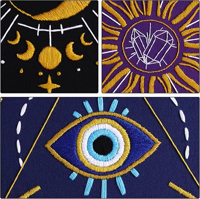 Louise Maelys 3 Set Tarot Embroidery Kits for Beginners with Sun Moon Evil Eye Pattern,Adults Starter Cross Stitch Kit DIY Needlepoint