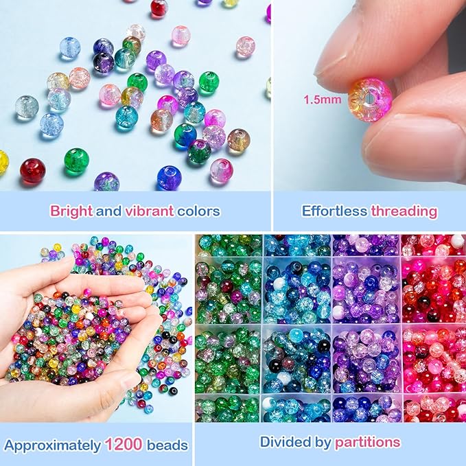 XSEINO About 144 Colors 1200PCS 6mm Glass Beads Bracelet Making Set, 6 Styles of Mixed Crack Beads for Bracelets, Jewelry, and DIY Making
