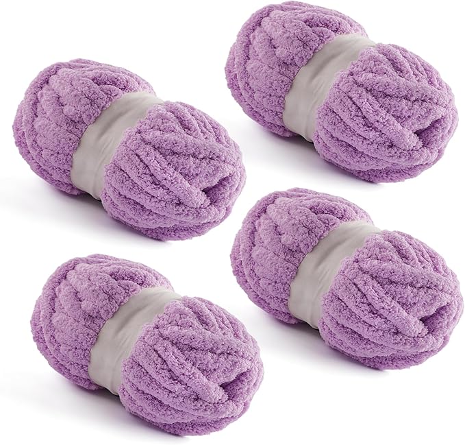4 Pack Chunky Yarn for Hand Knitting - Chunky Chenille Blanket Yarn for Crocheting - Jumbo Fluffy Yarn for Crochet - Super Bulky Yarn 28.4 yds 7.7 oz Each Skein (Lavender)