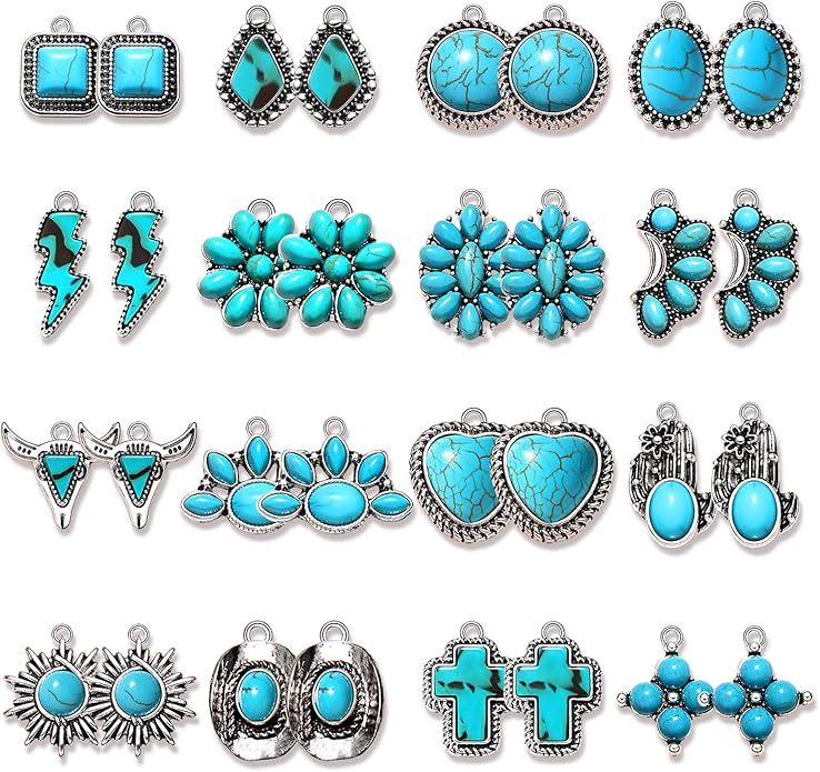 NVENF 32PCS Western Charms for Jewelry Making, Synthetic Turquoise Vintage Cactus Heart Flower Lightning Cowboy Boot Pendant for Bracelet Necklace Earring DIY Crafts