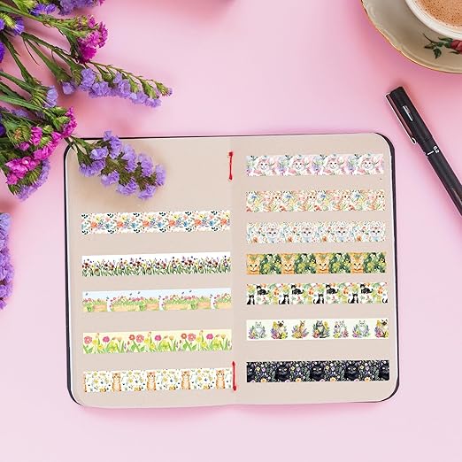 Spring Flower Washi Tape - 12 Roll Vibrant Cat Flower Scrapbook Washi Colored Painters Masking Decorative Adhesive Tape Set School Office Diy Craft Scrapbooking Journal Supplies Gift Wrapping