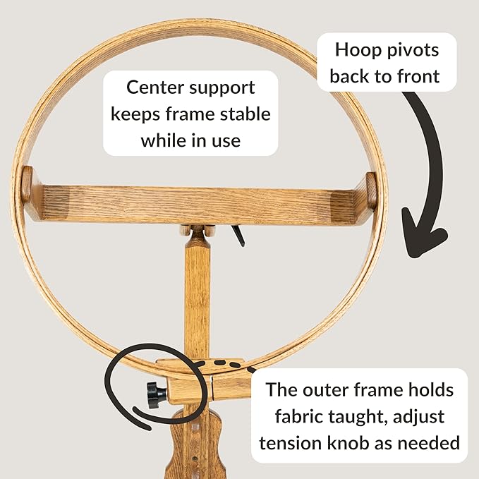 dutchcrafters solid oak wood 22 inch round extra large tilting quilt hoop with stand, quilting frame for hand quilting - amish made in america (medium walnut)