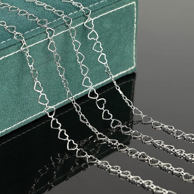 YOUBEIYEE 16.4 Feet Silver Plated Heart Chain Brass Handmade Embossed Link Chains Bulk on Spool with Open Jump Rings Lobster Clasps for Bracelet Necklace Jewelry Making