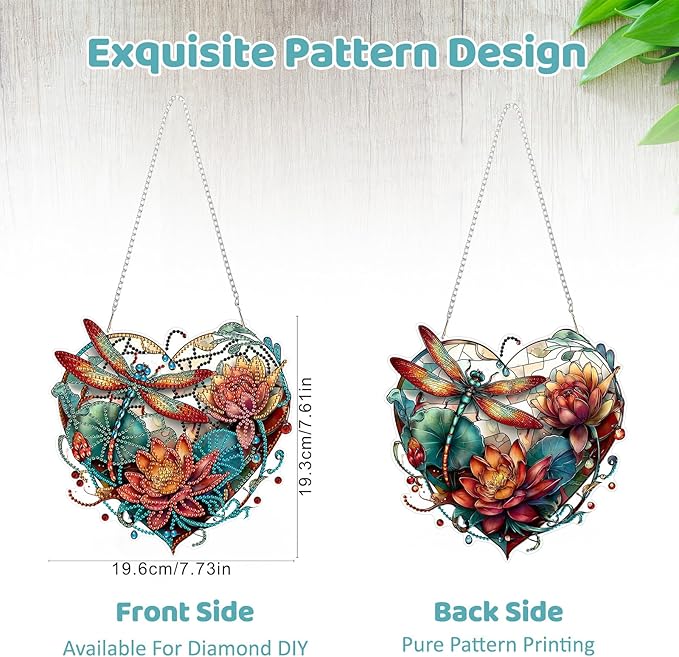 MEIYUDA Dragonfly Diamond Art Hanging Kits for Adult, Glass Lotus Dragonfly Diamond Painting Hanging Kits Ornaments, DIY Special Shaped Rhinestone Window Pendants Kit for Home Garden Wall Decor Gift