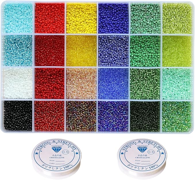 19600pcs 2mm Glass Seed Beads 24 Colors Small Beads Kit Bracelet Beads with 24-Grid Plastic Storage Box for Jewelry Making(24 Colors)