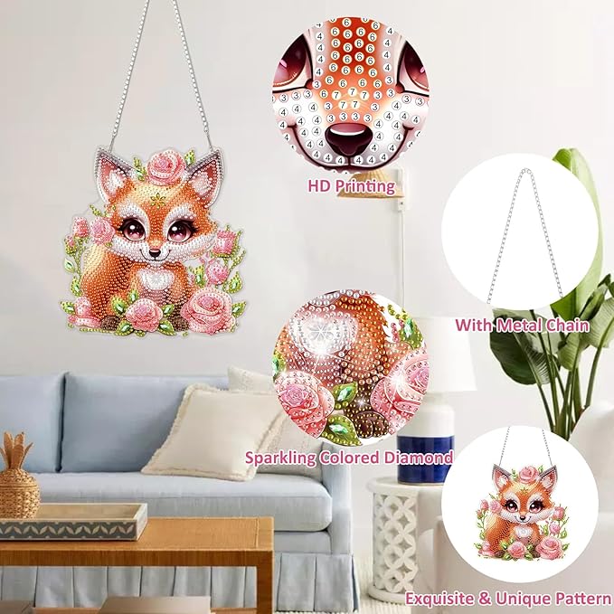 DOMROM Fox Diamond Art Hanging Kits for Adults, Special Shaped Crystal Diamond Painting Fox Pendant, DIY Diamond Art Suncatchers Animal for Home Garden Wall Decor Gift