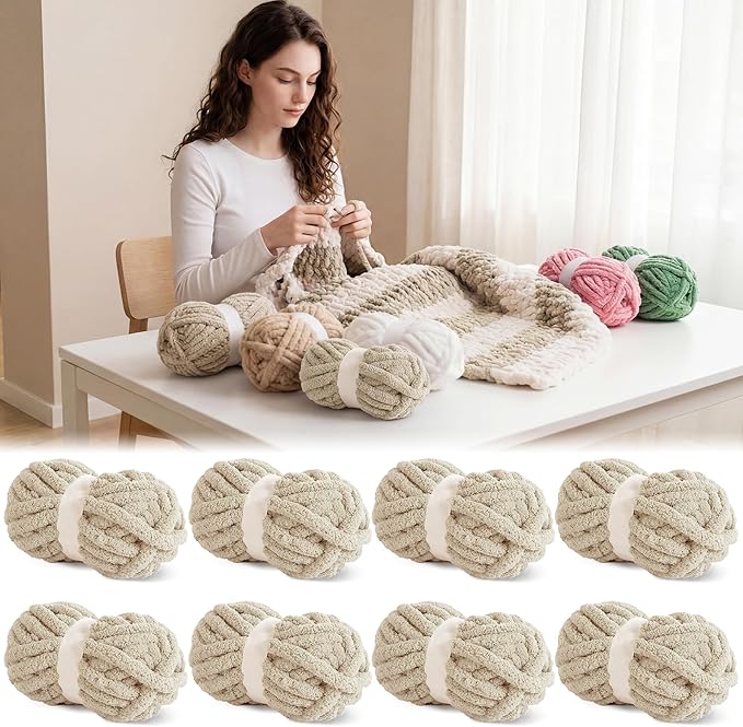 BALAPET 8 Pack Chunky Chenille Yarn for Crocheting & Knitting, 27yds 8 oz Each Skein Soft Fluffy Kitting Yarn Set, Thick Velvet Plush Yarn for Handcrafts Weaving Making Blankets, Khaki