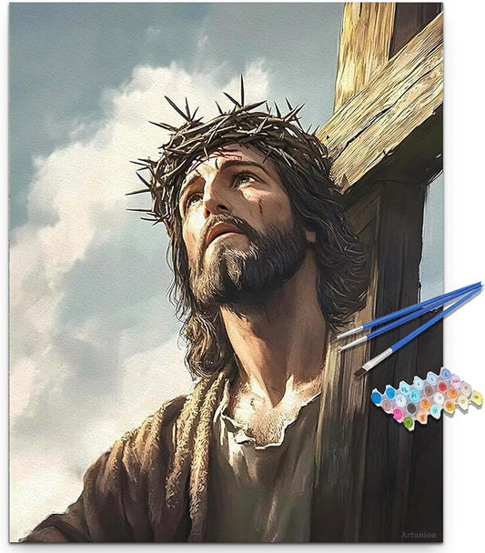 Artunion Jesus Cross Paint by Numbers Kit for Adults,Religious Christians Paint by Number Kits, DIY Oil Painting Paint by Number Kits on Canvas Arts Craft for Home Wall Decor 16x20 Inch