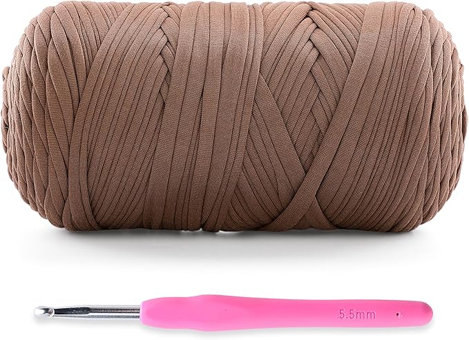 Soft T-Shirt Yarn for Crochet, T Shirt Yarns for Crocheting Crafts, Bags, Basket, Coaster, Tshirt Yarns - 400 g/130 yds with 1 Crochet Hook (1, Coffee Color)