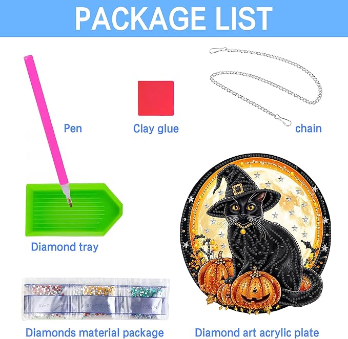 VAIIEYO Halloween Diamond Art Hanging Ornament, Black Cat Pumpkin Diamond Painting Suncatchers Window Hanging Kit with Chain, 7.5x7.5 inch Pendant Art Craft for Gift Home Wall Front Door Decoration-1