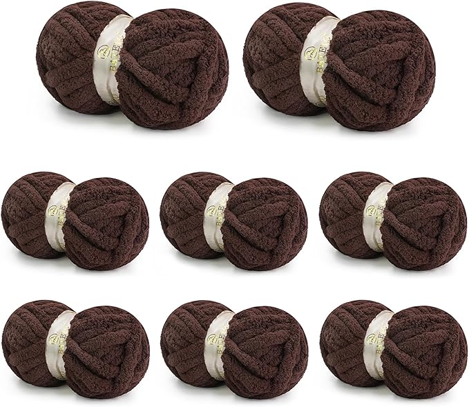 Chunky Yarn for Hand Knitting, Chunky Chenille Blanket Yarn for Crocheting, Bulky Soft Fluffy Chenille for Blanket Project, 8 Pack of 8oz/25yds, Dark Brown