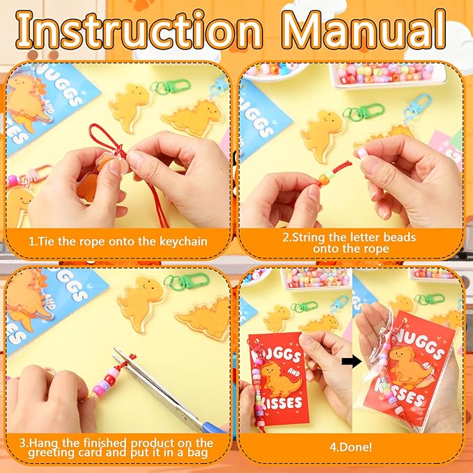 Suncalla 984 Pcs 24 Set Dinosaur Nugget Keychain Making Kit DIY Valentine's Key Chain Crafts Bead Adjustable Letter Beads Cards Strings Kit Gift Backpack Accessories Party Favors(Cute Color)