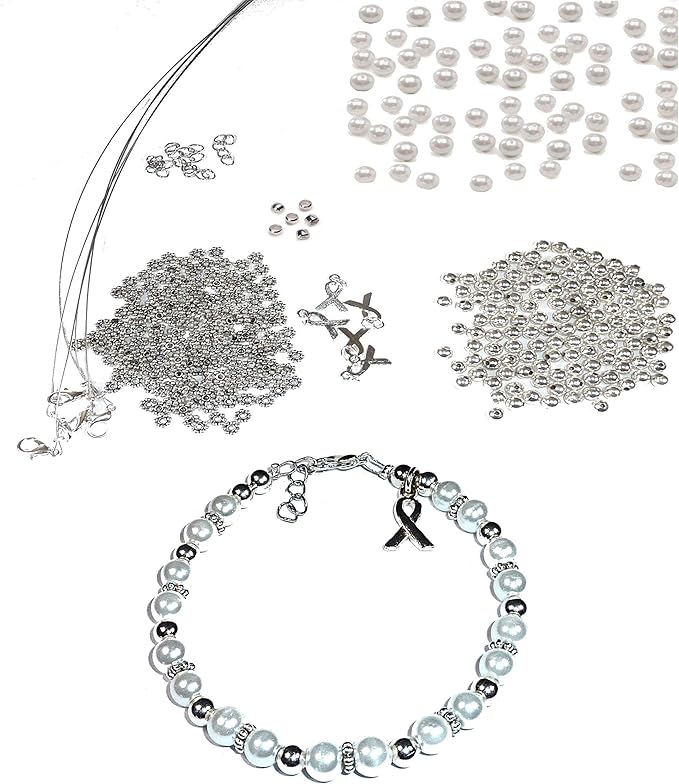 Hidden Hollow Beads DIY Craft Beading Kit, Everything to Make Cancer Awareness Bracelets, Uses Wire, Crimps & Clasps, Fundraising and Gifts (Lung Cancer - White Pearl - Makes 5)