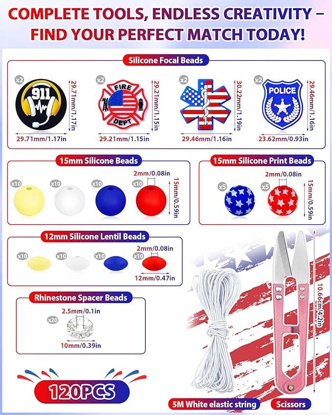 120PCS FIVEIZERO Silicone Focal Beads for Keychain Making, Characters Badge, 15mm Round 12mm Lentil & 10mm Rhinestone Beads for Pens, Bracelets & Crafts with Elastic Cord & Scissors