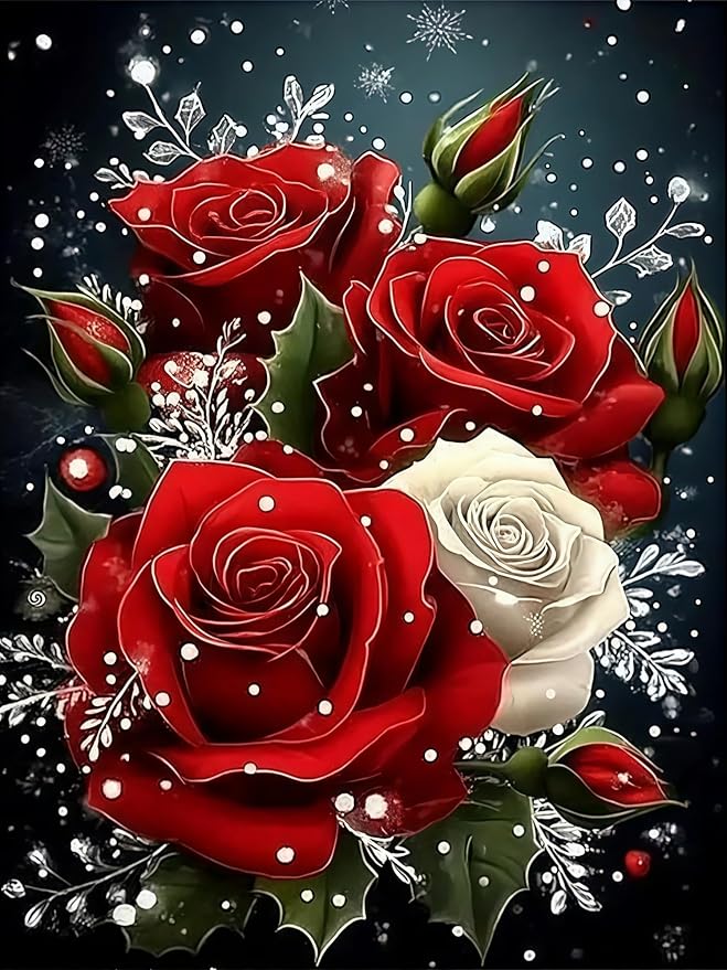Diamond Art Kits for Adults Elegant Red Roses Snowflakes, DIY 5D Diamond Painting Kit for Beginners, Full Round Drill Gem Art Dots for Adults, Diamond Dots Paintings Crafts Home Wall Decor 12X16 Inch