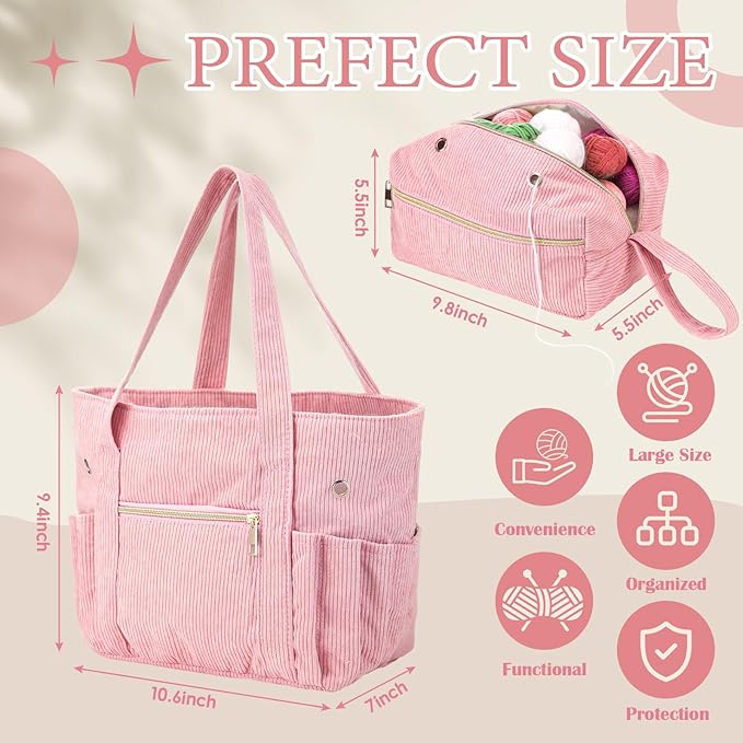 Bulyoou 2 Pcs Crochet Bag and Tote Set Corduroy Yarn Bag for Hooks Organizer Yarn Holder for Crochet Lovers Knitting Accessories(Pink)