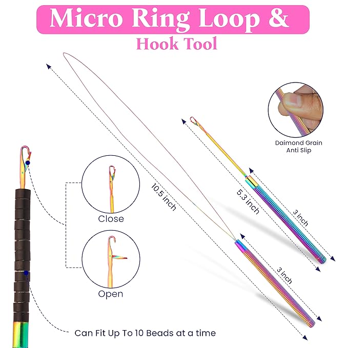 Beauty & Crafts Micro Links Hair Extensions Kit- Stainless Steel Beads Closer and Remover plier, Hair Extensions Loop Needle Pulling Hook, Bead Tool for Hair or Feather Extensions with Leather Pouch