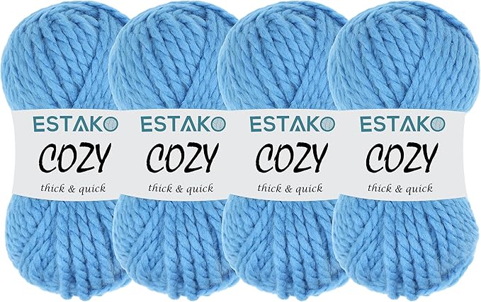 Estako Cozy Thick & Quick Yarn (4 Skeins Pack) 20% Wool 80% Acrylic Soft Super Bulky Weight #6 Knitting and Crocheting Yarn (4 x 3.52 Oz) / (4 x 65 Yrds) (55303-Blue)