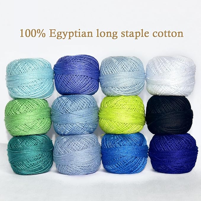 Double Mercerized Egyptian Long Staple Cotton Pearl Thread Ball 10 Grams Rainbow Color Embroidery Thread 12 Colors per Box for Crochet Hardanger Cross Stitch Hand Embroidery,Bluegreen Series