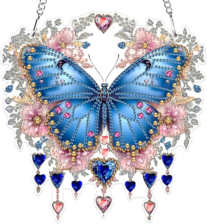 MXJSUA Special Shaped Hanging Diamond Painting Art Kits for Adults, Butterfly Flowers 3D Crystal Rhinestone Acrylic Gem Art Pendant Ornaments Kit for Home Decoration and Gift