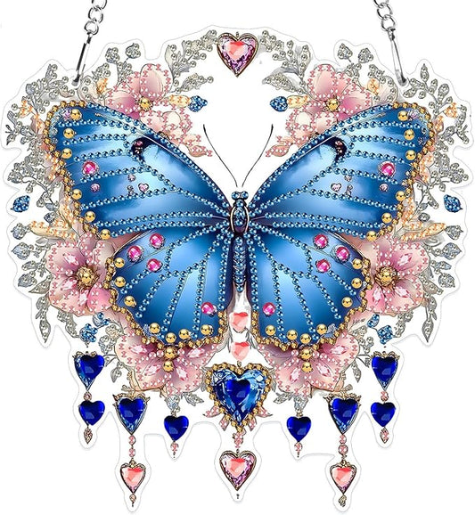MXJSUA Special Shaped Hanging Diamond Painting Art Kits for Adults, Butterfly Flowers 3D Crystal Rhinestone Acrylic Gem Art Pendant Ornaments Kit for Home Decoration and Gift