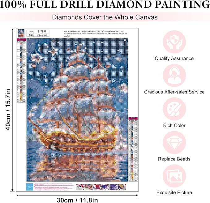 Yezavesu Pirate Ship Diamond Art Kits for Adults, 5D Diamond Painting Kit for Beginners, DIY Round Full Drill Painting with Gem Art Craft Kits for Home Wall Decor 12x16 Inch
