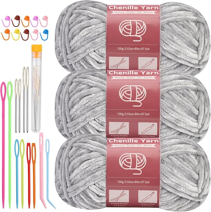 LUNARM Chenille Yarn for Crocheting Knitting, 3 Skein 263 Yard Thick Soft Chunky Fluffy Weaving Plush Yarn for Blankets Clothes Pattern Creations with Big Eye Needles (Light Grey)