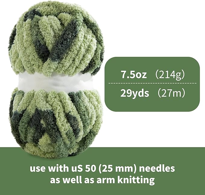 HOMBYS Chunky Tie Dye Mix Chenille Yarn for Hand Knitting, Super Bulky Jumbo Yarn for Crocheting, 3/4" Thick Soft Plush Yarn for Blankets, 8 Skein Pack (26 yds / 7.5 oz Each) Dark Green Sage