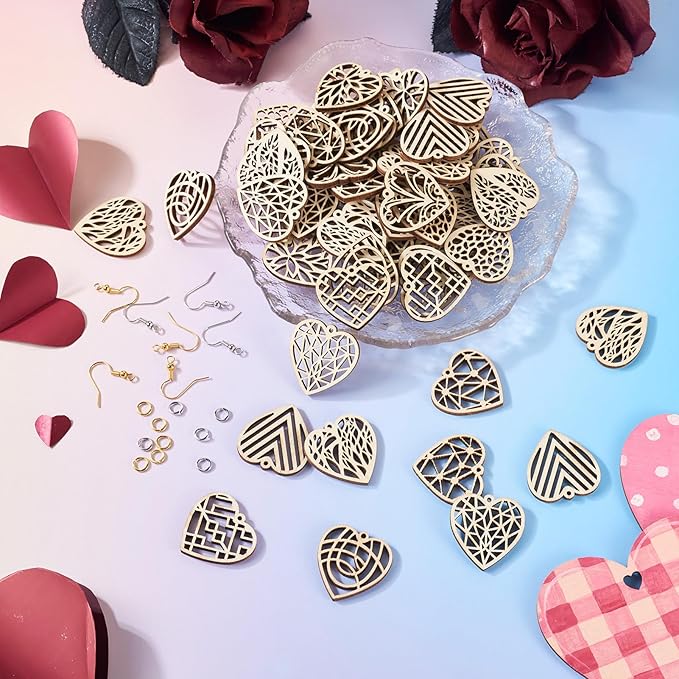 Elecrelive 60pcs Wooden Heart Charms Wooden Earring Blanks Filigree Heart Charms for Valentine's Day DIY Earring Necklace Jewelry Making