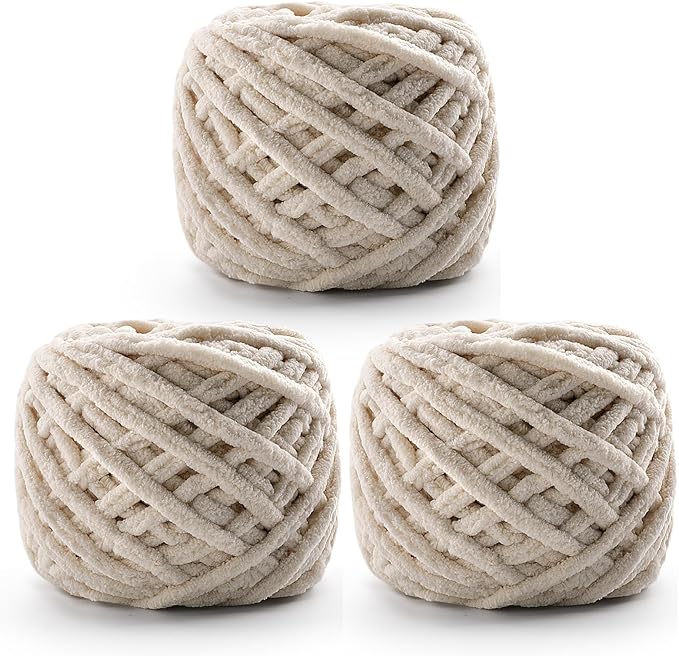 3 Pack Chunky Chenille Yarn for Crocheting, Fluffy Baby Blanket Yarn for Crochet Sweater Shawl Scarf Gloves, Super Soft Amigurumi Plush 222 yds/10.5 Oz (Beige)