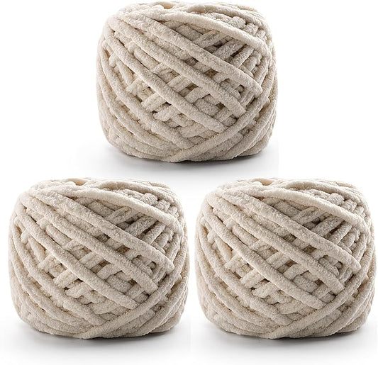 3 Pack Chunky Chenille Yarn for Crocheting, Fluffy Baby Blanket Yarn for Crochet Sweater Shawl Scarf Gloves, Super Soft Amigurumi Plush 222 yds/10.5 Oz (Beige)