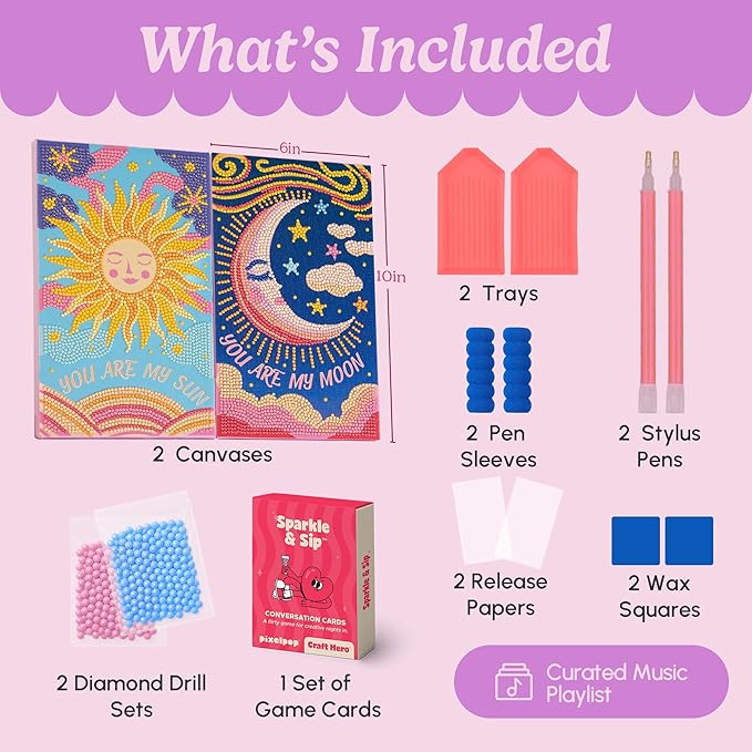 HOUSE OF PARTY Diamond Art Kits for Adults - Date Night Diamond Art Paintings, Relaxing Craft Kits with Conversation Cards, Playlist & Wood Frame for Beginners, Fun DIY Gifts for Couples