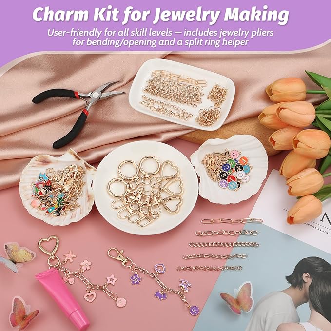 selizo 404Pcs Charms Lip Gloss Keychain Making Kit, DIY Craft Supplies with Charms, Key Chain Hooks, Jump Rings, Lobster Clasps, Chains, Jewelry Making Kit for Custom Keychains, Bags, Valentines Gifts