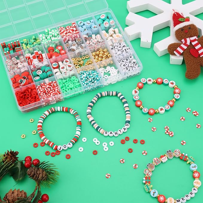 Gosknor 1700pcs Christmas Bracelet Making Kit, 24 Styles Christmas Clay Bead Bracelet Making Kit Jewelry Making Kits DIY Crafts Charms Perfect Birthday Friendship Gift for Family and Friends