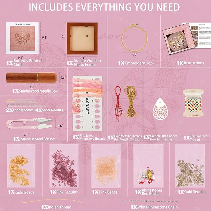 Craftreasure Embroidery Kit for Adults, Butterfly Needle Point Kits Adults Beginner Include Embroidery Beads Threads for Craft Lover Hand Stitch with Embroidery Skill Technique (Pink-Advanced)