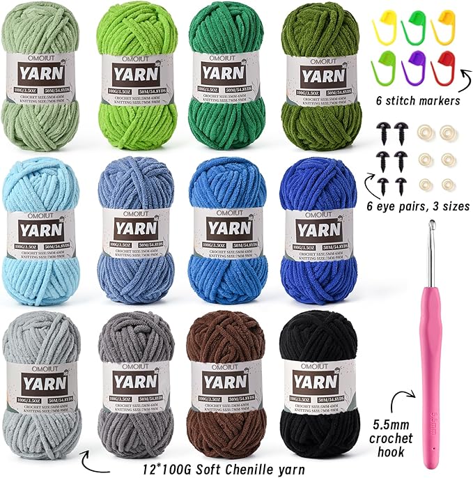 12 Pack Bulky Velvet Chenille Yarn, Baby Yarn for Crocheting Soft Blanket, 1200g(657.6yds) Chunky Crochet Yarn, Thick Multicolor Yarn for Crocheting Amigurumi, Crafts, Home Decor E