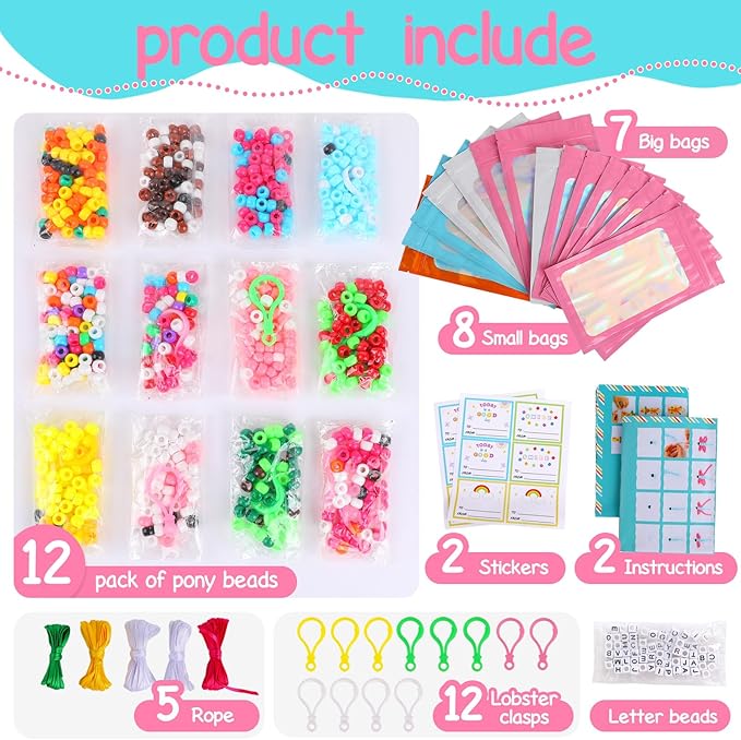 Happy makers Beads for Crafts, 12 Designs Pony Beads Keychain Making Kit with Letter Beads, Bead Pets Art Crafts,Includes Instructions, Cording, Keychains & Bags,Stickers DIY Craft Kits for Beginners