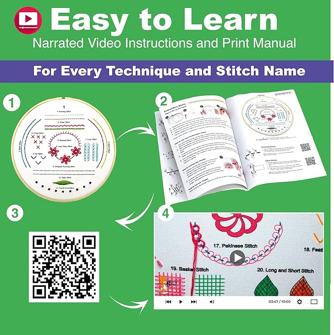 Azenera Beginner Embroidery Kit (4 Pack) Learn 33 Stitches with Easy DIY Video Tutorials, Coloured Design Patterns, Thread Floss, Cross Stitch Hoop, Gift (AZA100)