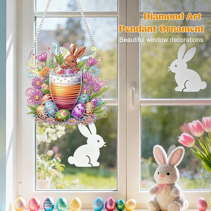 RICUVED Easter Diamond Art Hanging Kit for Adult, Drink Special Shaped Diamond Painting Pendant Kit, Eggs Art Suncatchers Double Sided Hanging Acrylic Window Ornament for Home Garden Decor